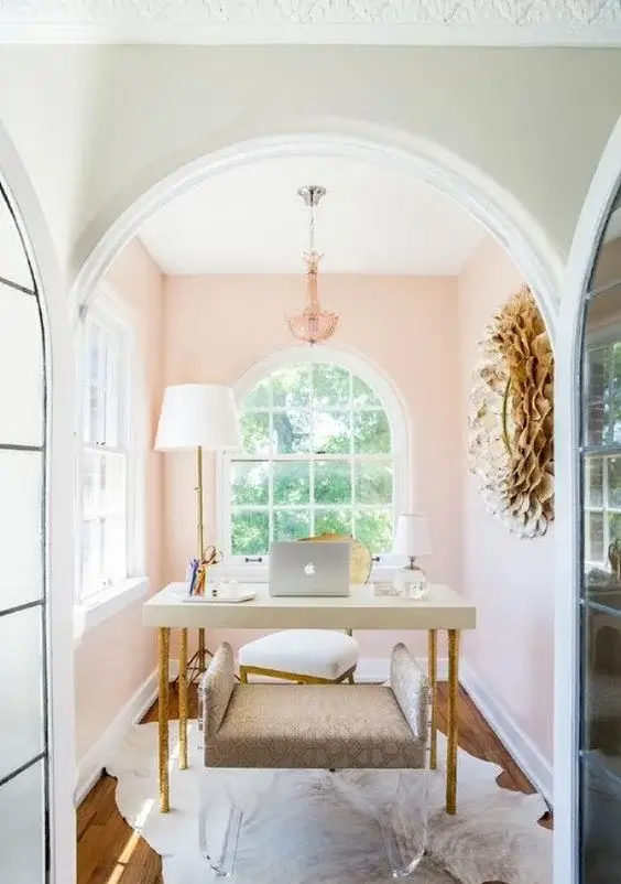 pink walls in small home office design
