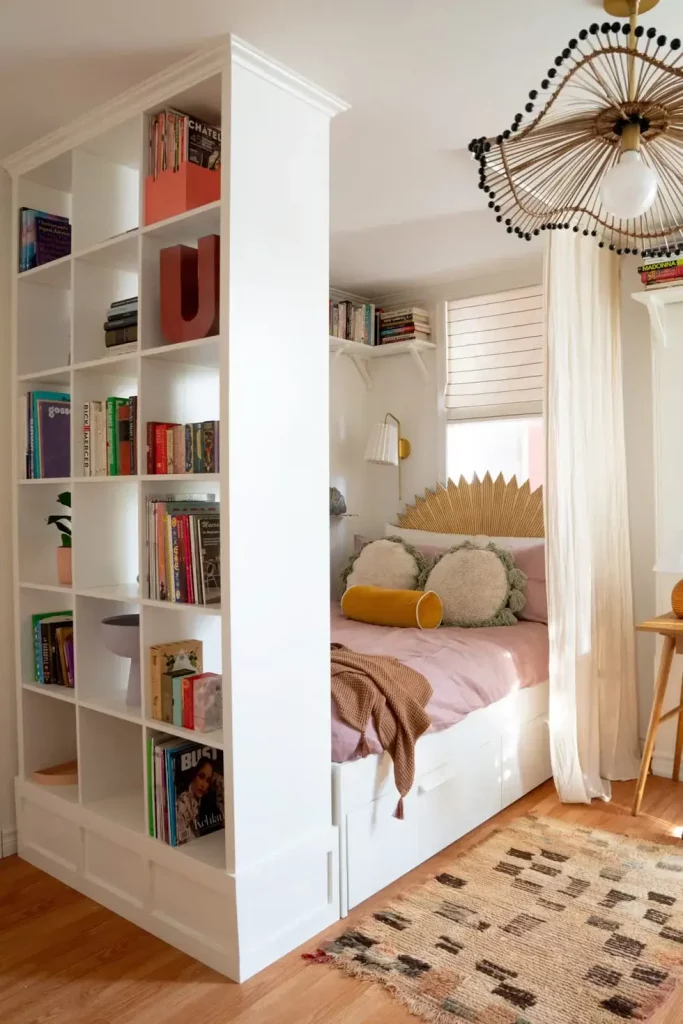 Bookcase as a Stylish Room Divider in a Studio Apartment