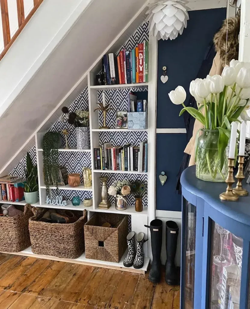 bookcase and storage built under the stairs