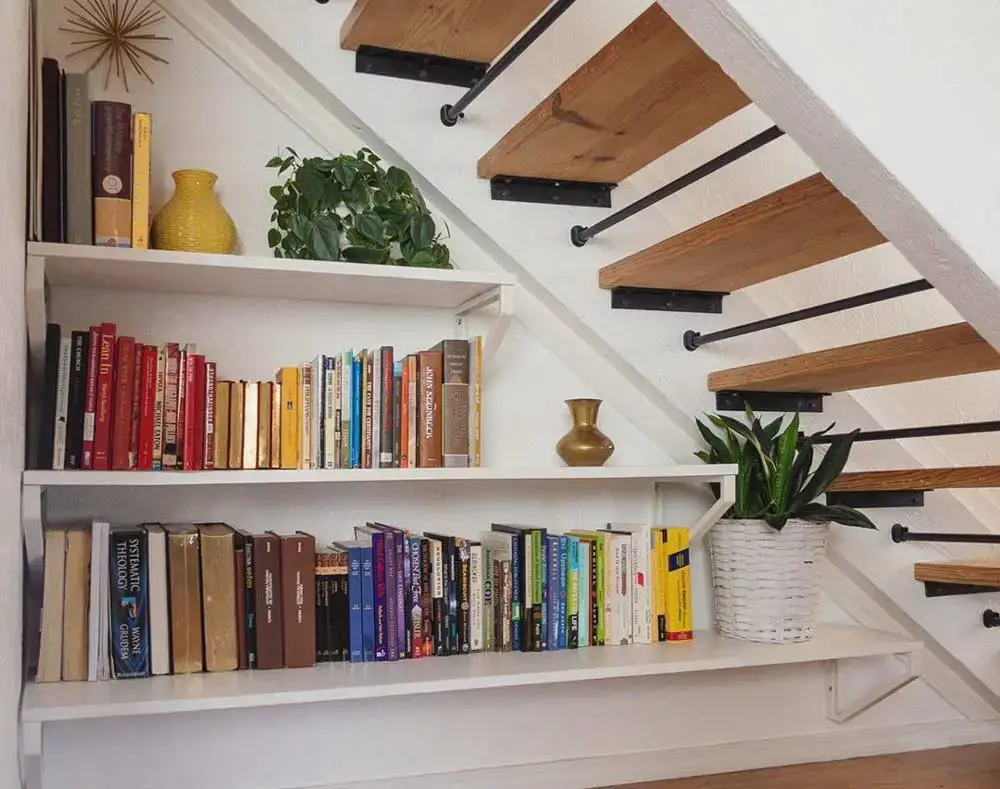 under the stair storage, floating shelves