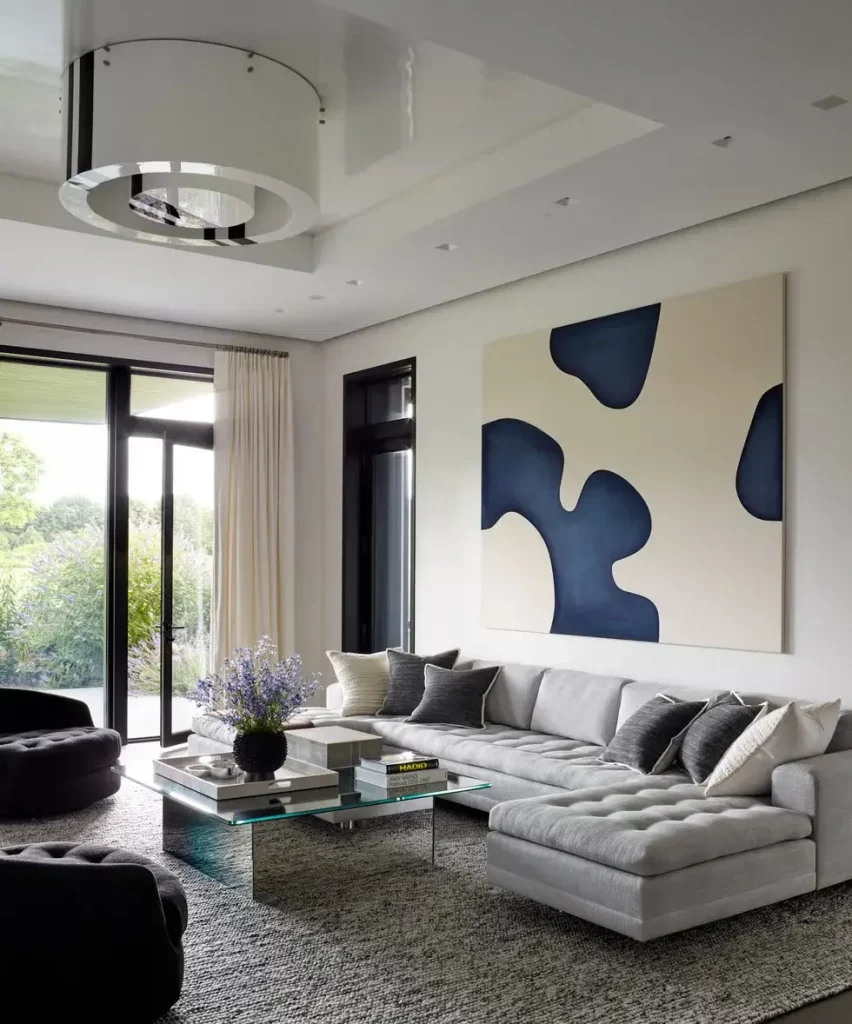 Modern geometric ceiling design in a contemporary living space
