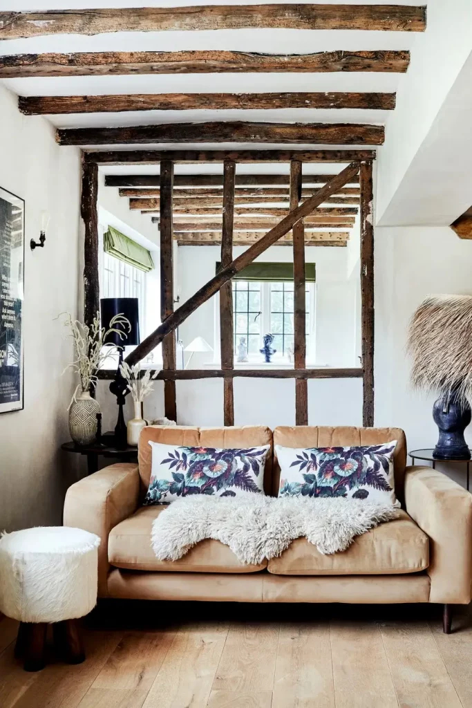 Rustic exposed beam ceiling design with whitewashed finish