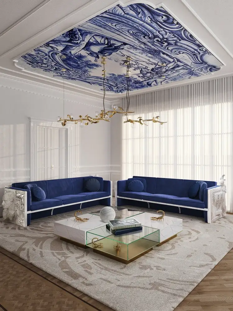 Living room with blue and white ceiling colors creating an airy atmosphere
