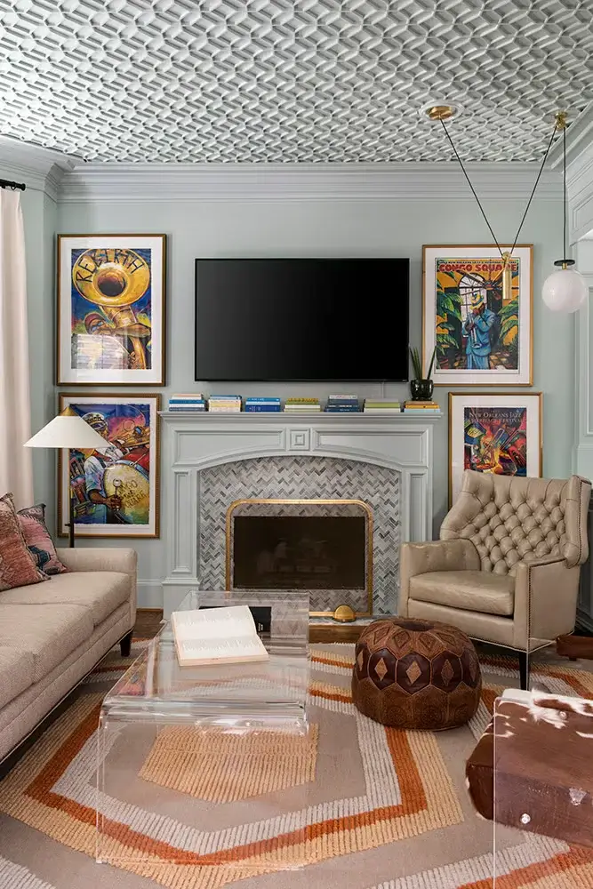 blue wallpapered ceiling with subtle texture