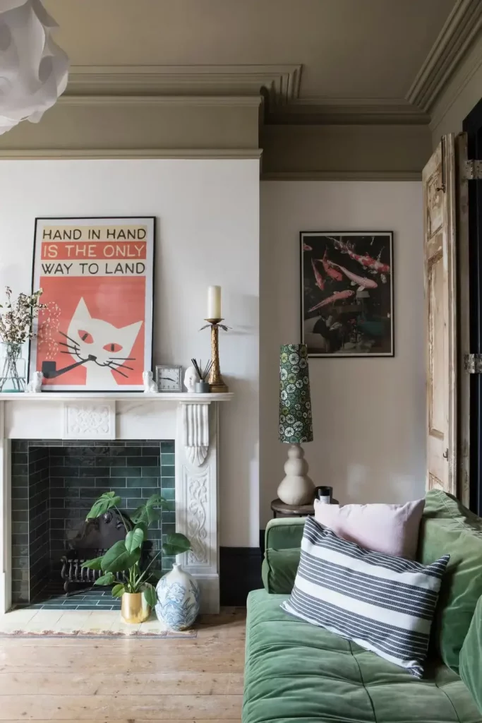 warm green ceiling colors blending with old and new decor