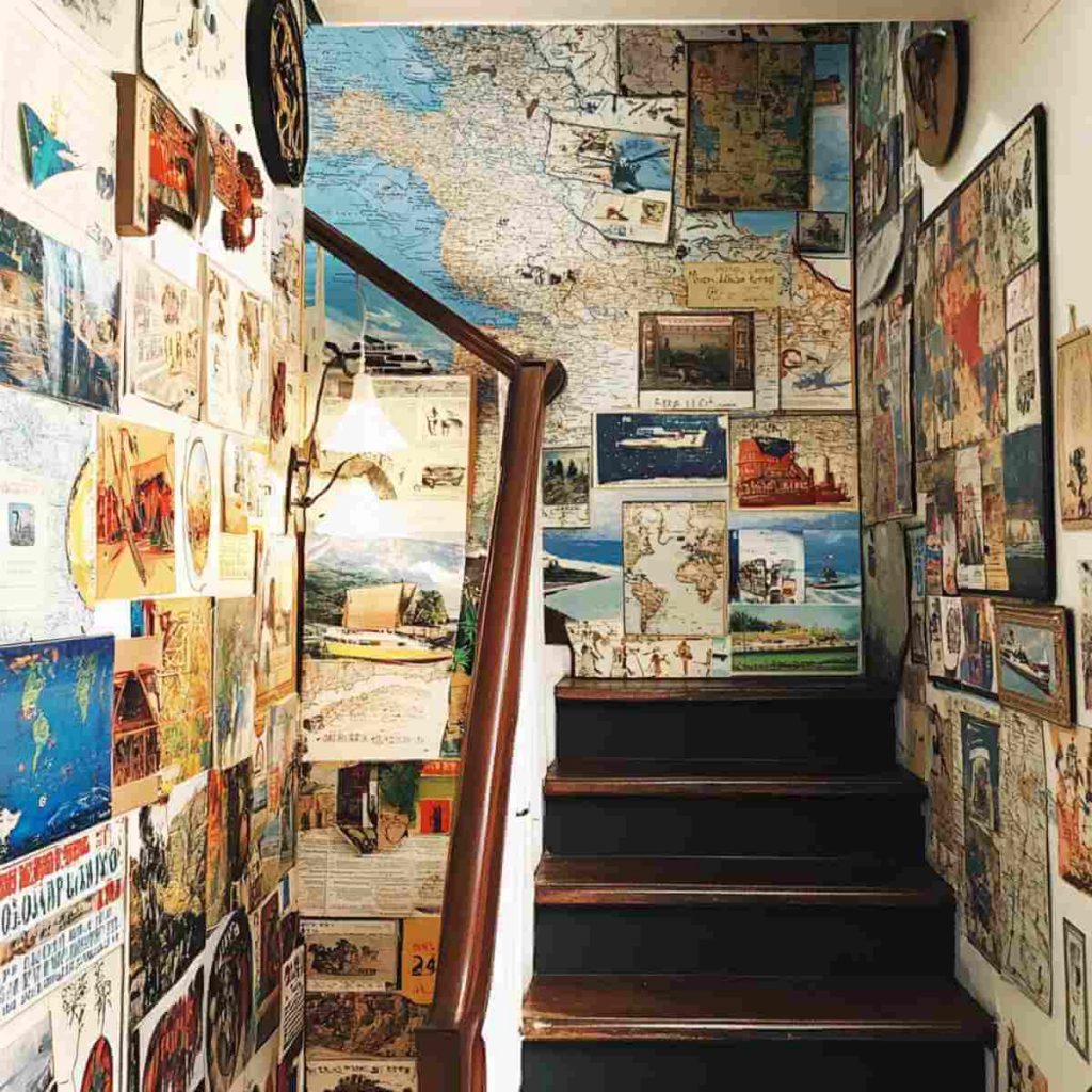 travel collage to decorate staircase walls