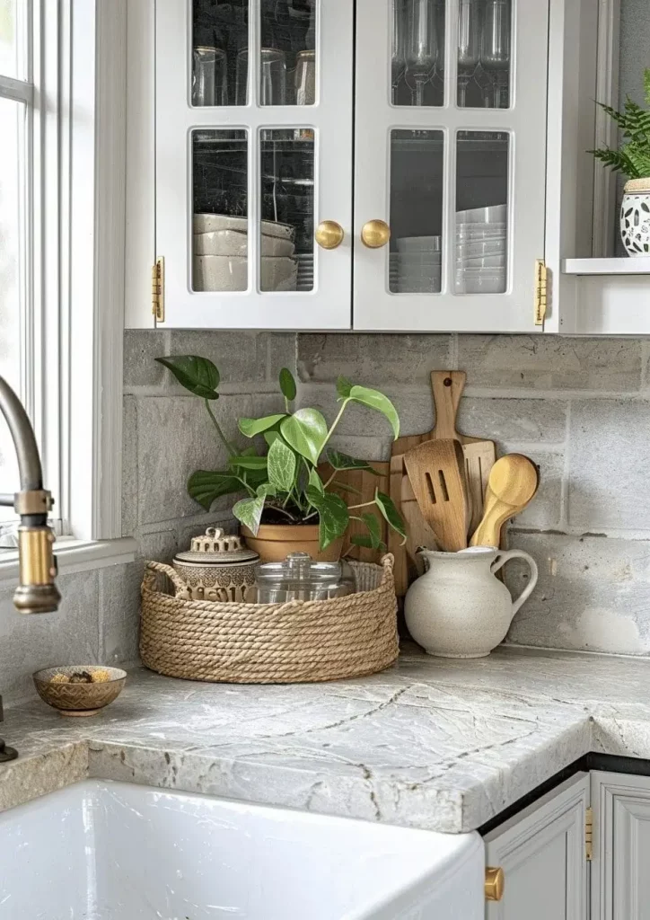 Layered kitchen counter decor with pothos plant, utensils, and woven textures, full of natural beauty and home styling charm.