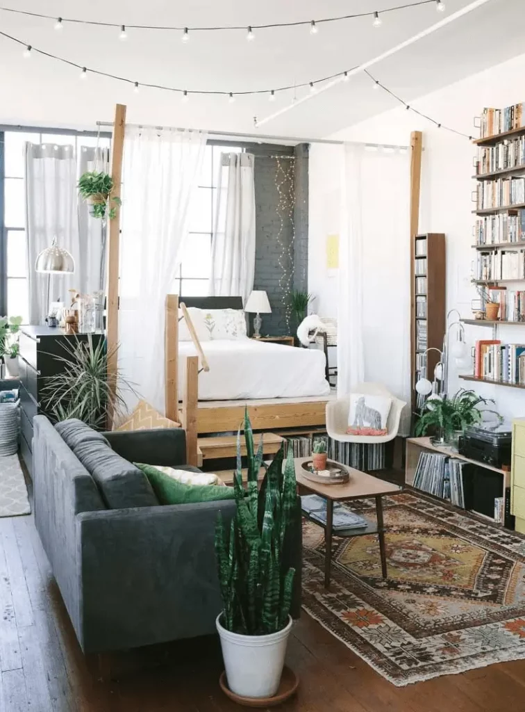 lighting layout to spread light throughout studio apartment.