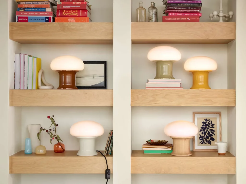 rechargeable table lamps to brighten shelves in small room