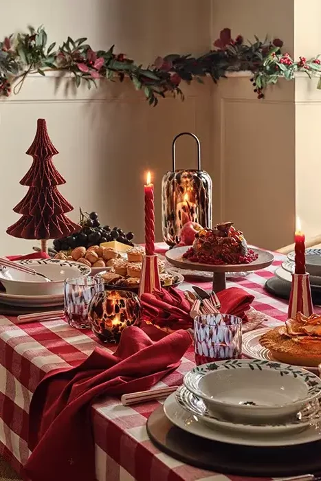 Old Fashioned Christmas Ideas using vintage tablecloths to build table setting and decor