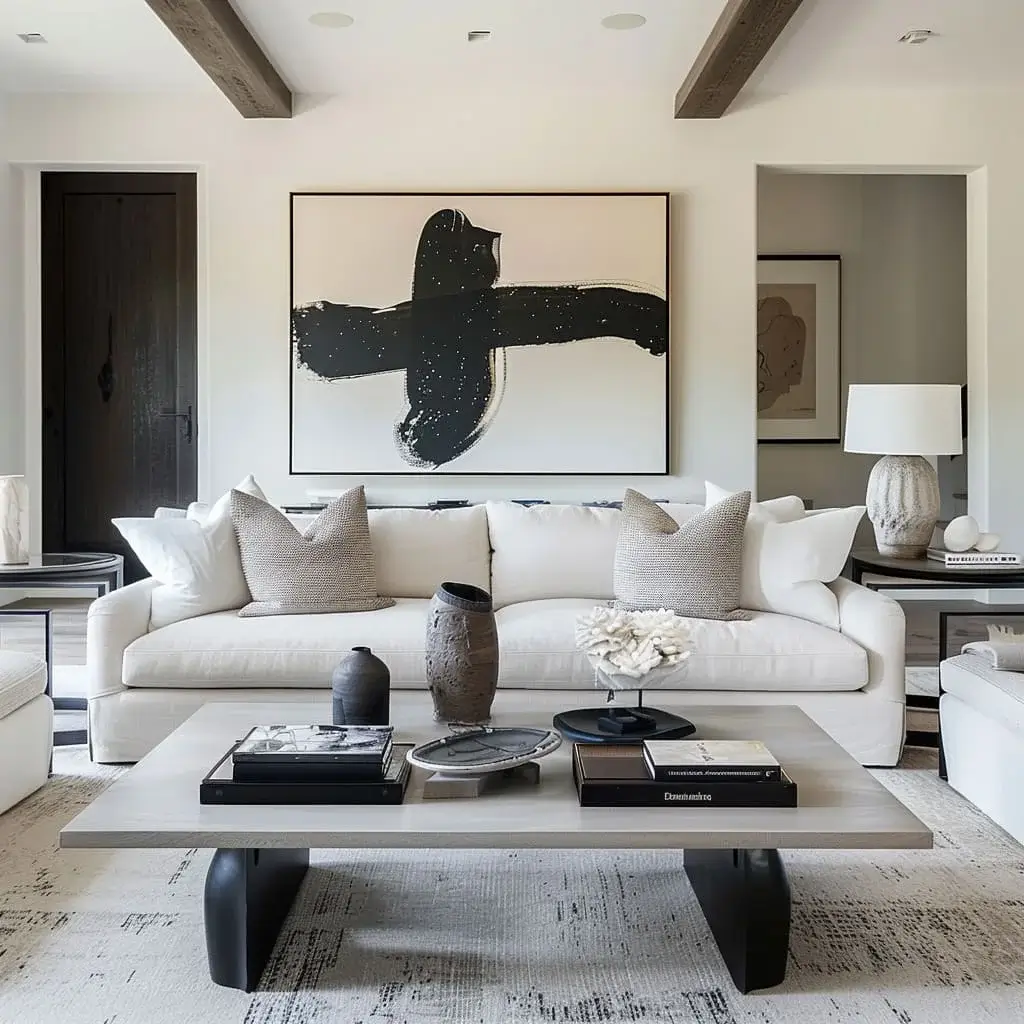 A harmonious Japandi living room that masterfully blends light wood with a black with white design base.