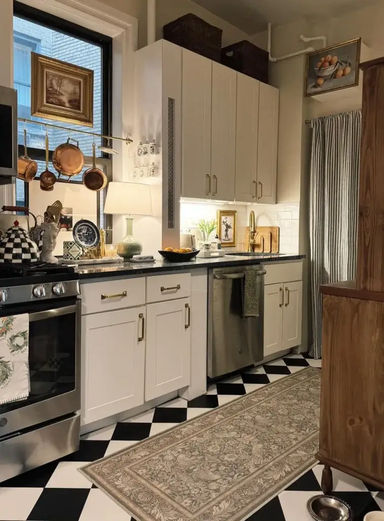 Woven cane storage baskets used as beautiful above cabinet decor in a neutral kitchen.