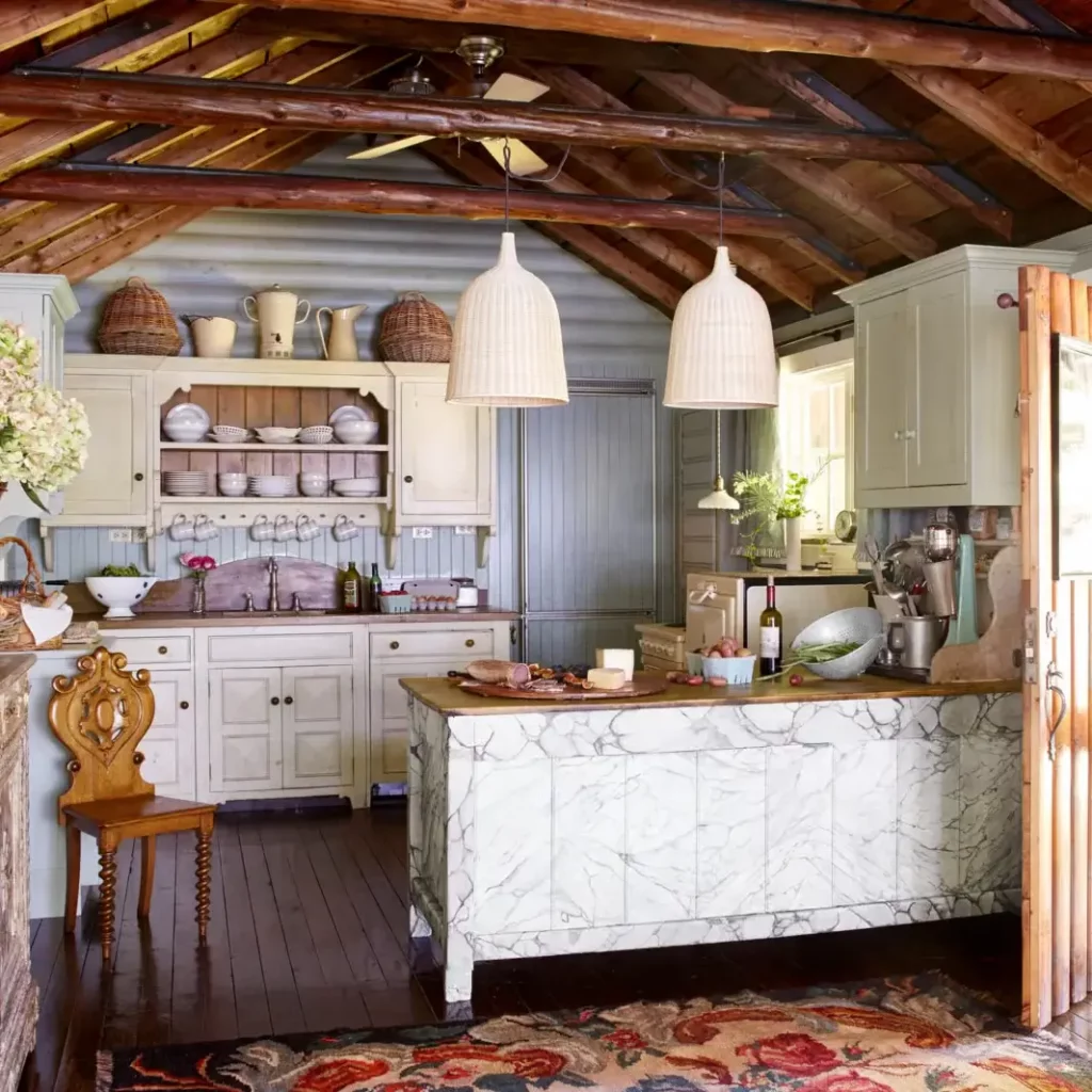 Vintage baskets and a metal jug fill the kitchen dead space with rustic charm.