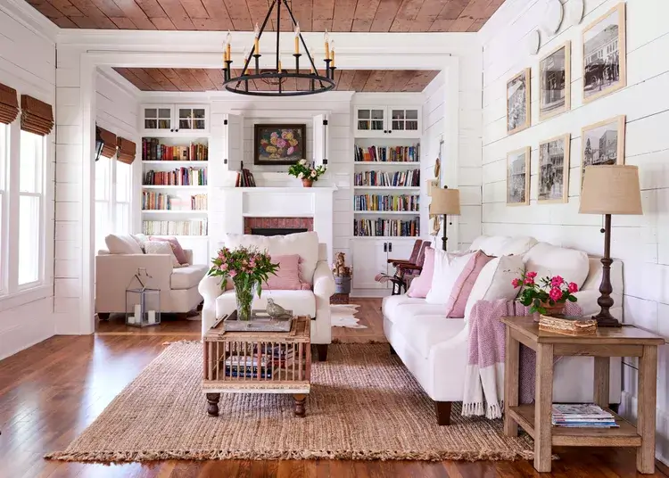 white cottage style living room with pink accents