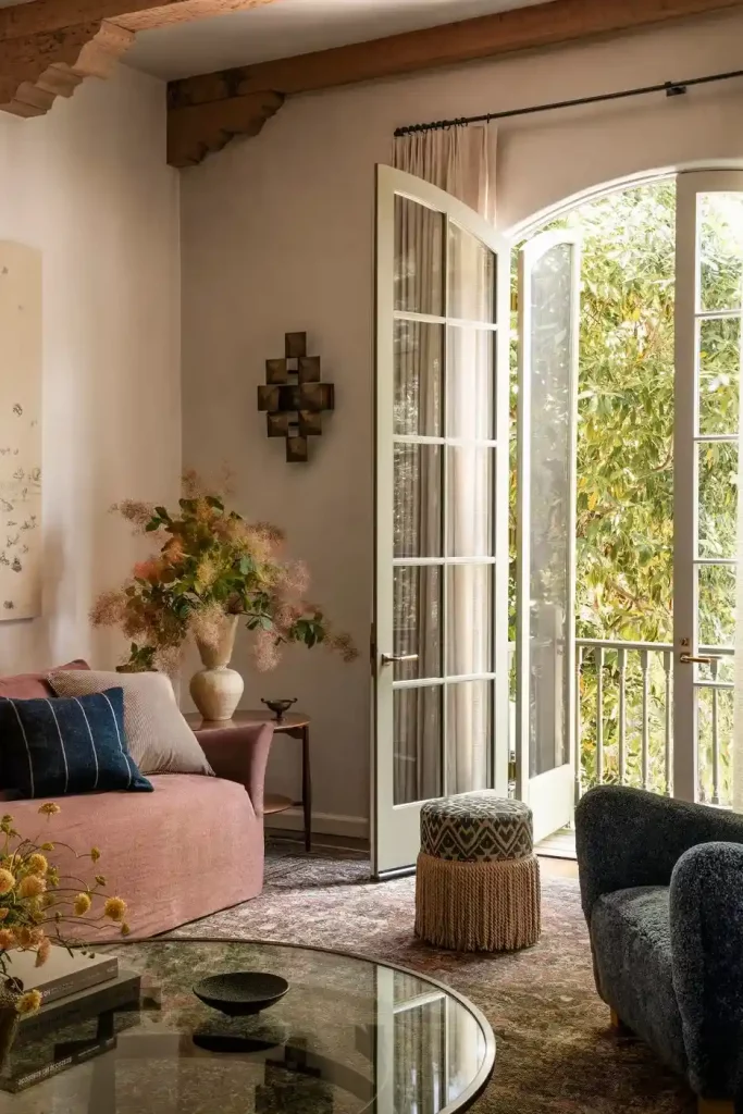 modern and elegant living room with cozy cottage accents