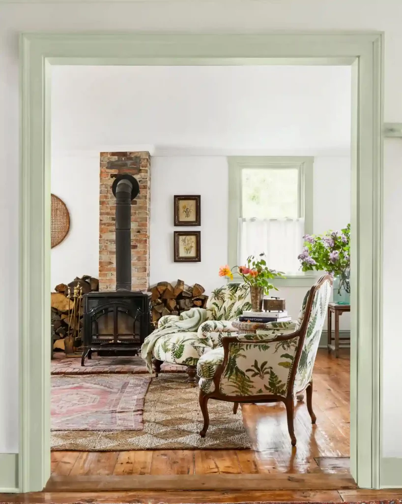 A Cozy English Cottage with cast iron stove and antique furniture
