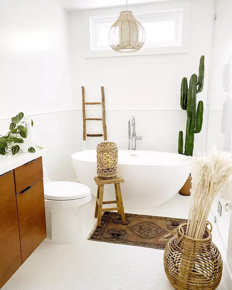 statement cactus in rustic boho bathroom