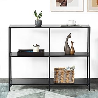 Slim metal console table used as modern slim hallway furniture in a narrow corridor.