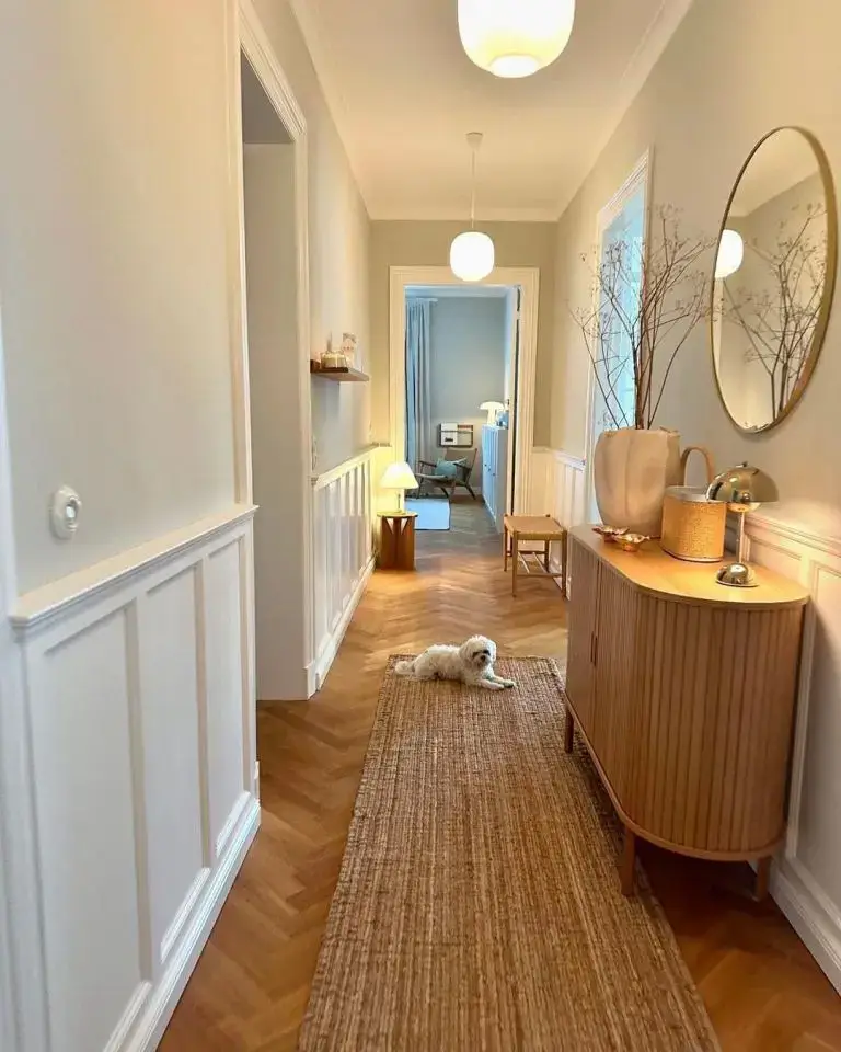 narrow hallway styled with careful planning with slim furniture