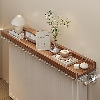 Radiator shelf used as slim hallway furniture to add surface space in a narrow entryway.