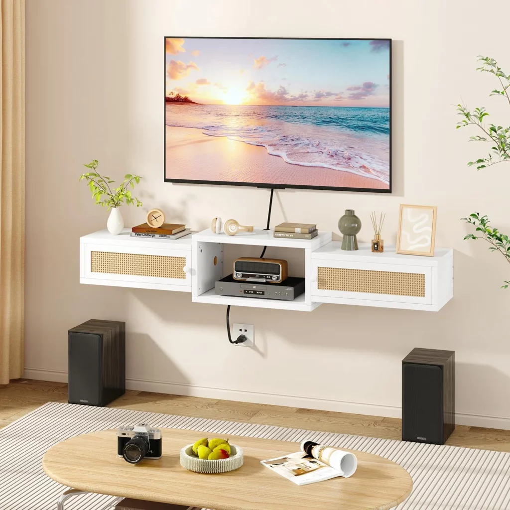 Floating console shelf used as slim hallway furniture in a narrow entryway with minimalist décor.