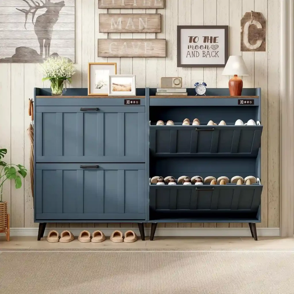 Slim hallway furniture shoe cabinet with tilt-out compartments for small hallway storage.