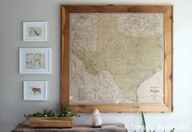 A rustic, framed map of Texas adds character and local pride to a domestic space.