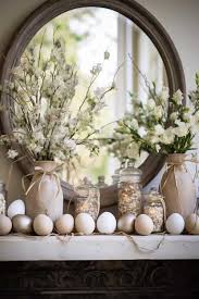 spring mantel display of dyed eggs and flowers