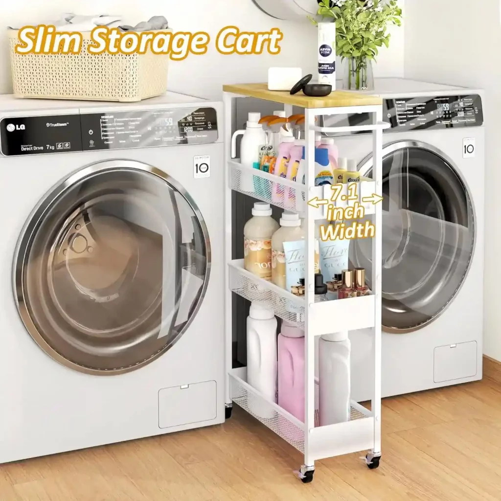 slim rolling cart for hidden laundry room storage