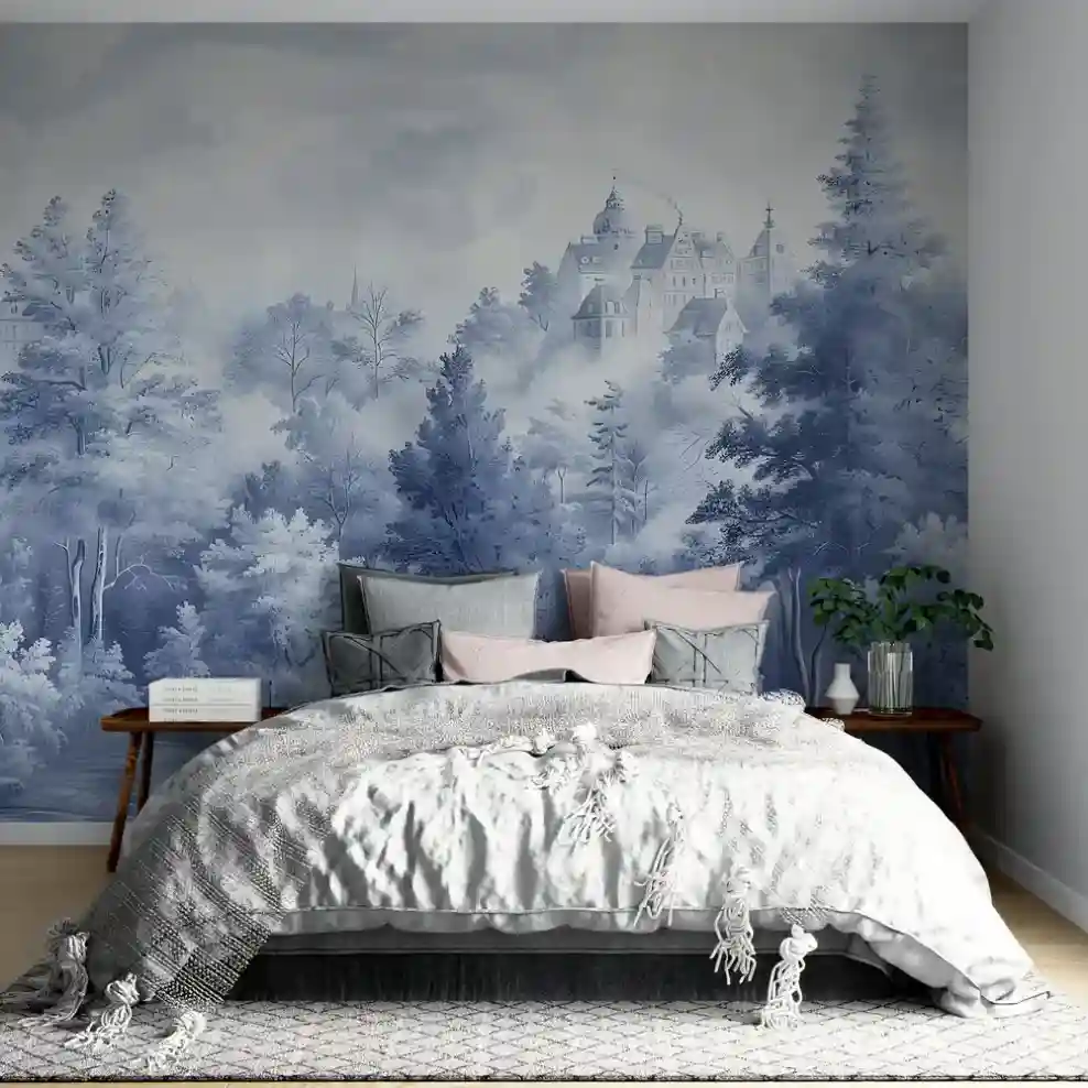 Blue monochromatic classic  landscape toile wallpaper on bedroom wall