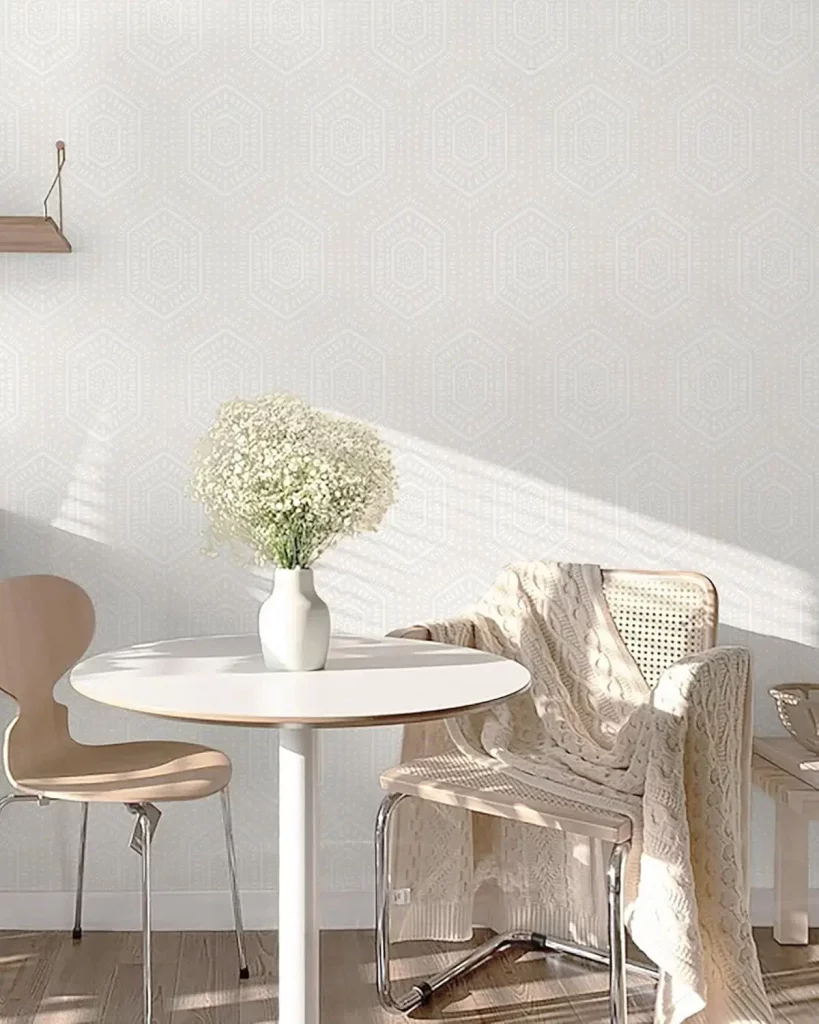 small scale diamond pattern classic wallpaper in soft grey.