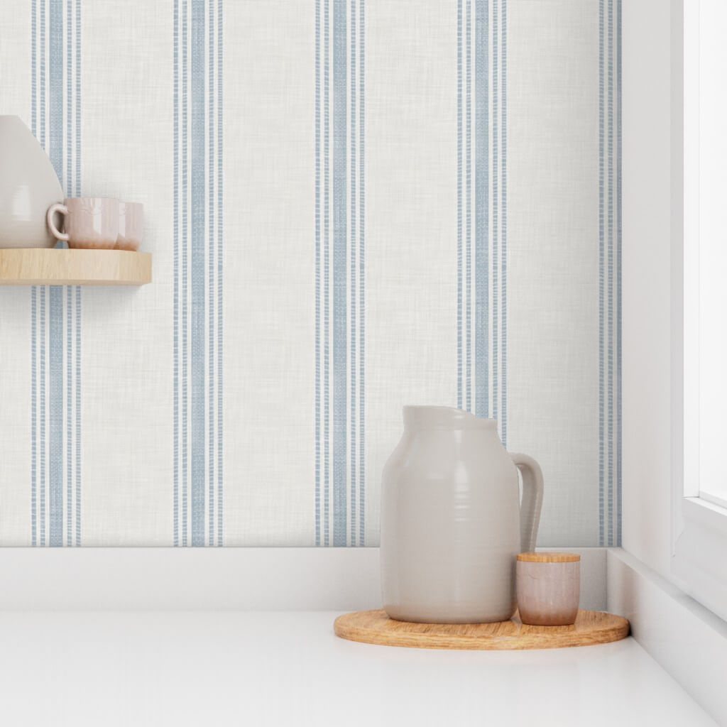 traditional wallpaper designs with slim blue and off white ticking stripes