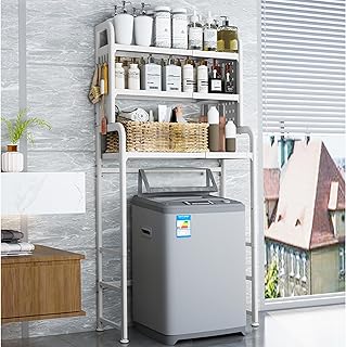 two tiered shelving over washer