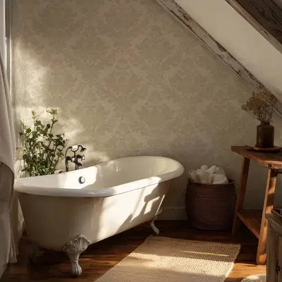 soft cream damask traditional wallpaper design in cottage bathroom