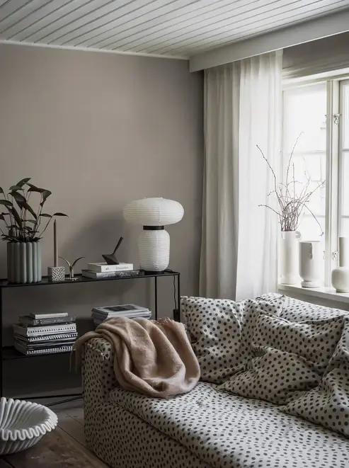 neutral linen classic wallpaper with warm texture in minimalistic living room