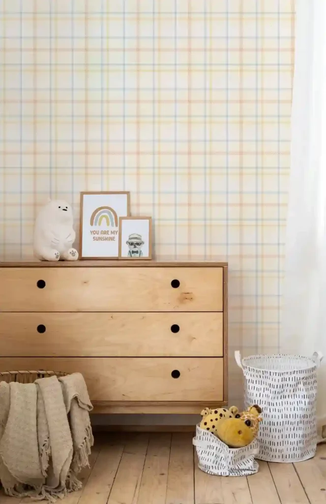 plaid wallpaper in nursery