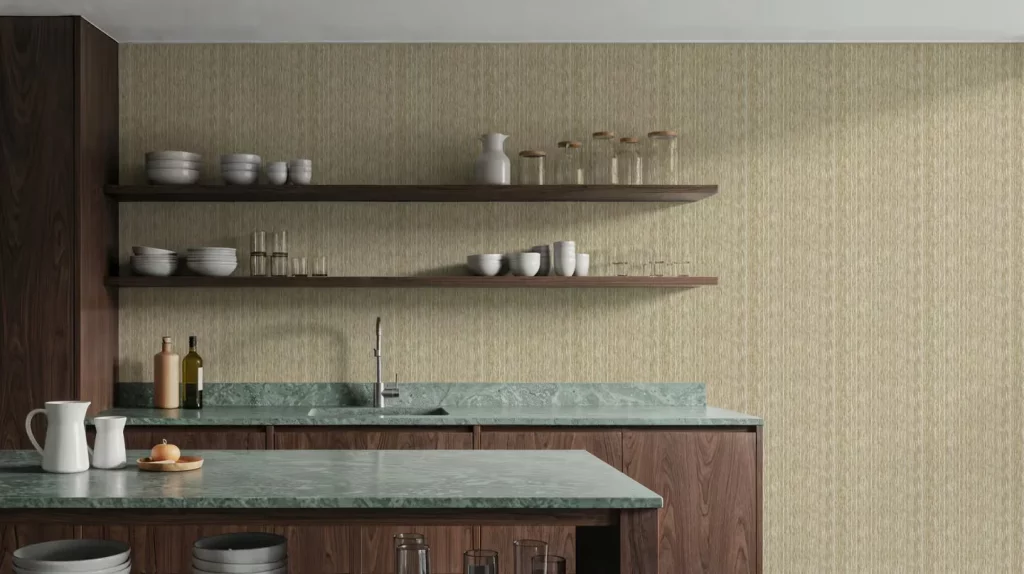 classic woven effect wallpaper in kitchen adding mid-century modern twist