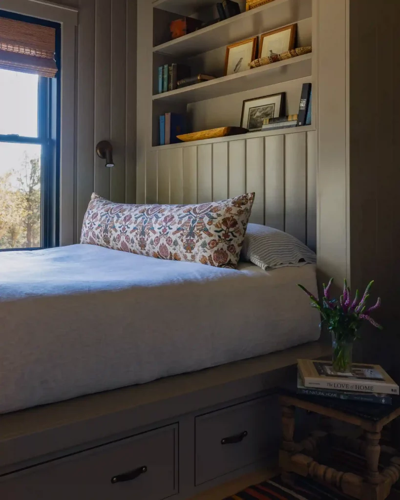 aesthetic room with window nook and bed in one
