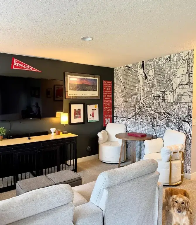 best wallpaper for a living room, a map mural in matching color palette