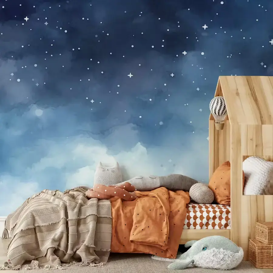 vinyl wallpaper of a starry night in a kids' bedroom
