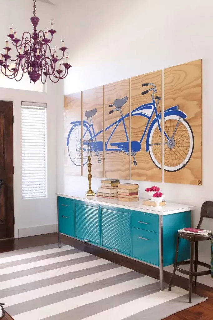 wooden wall art create a focal point in a small entryway