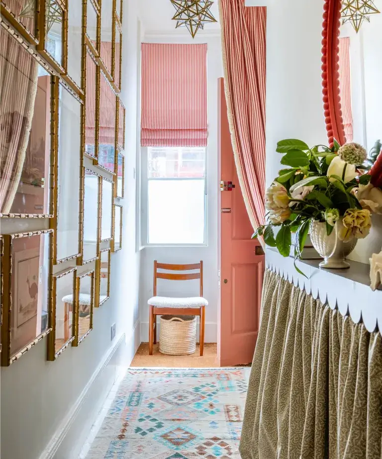 small home entryway design with seating