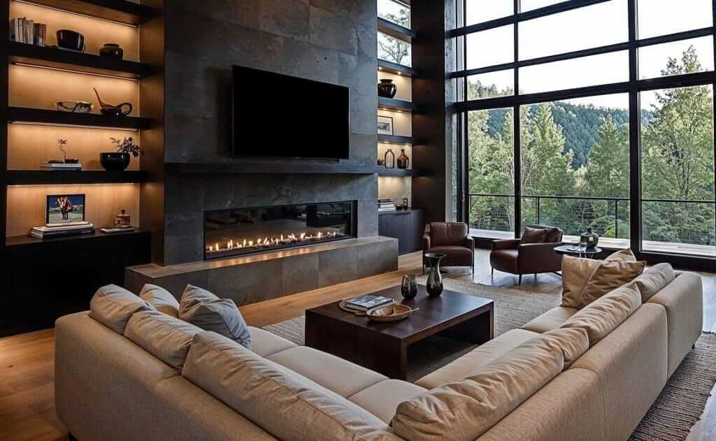 Warm but moody modern style of with rustic elements.