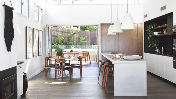 Open plan home styling mixing classic and modern.