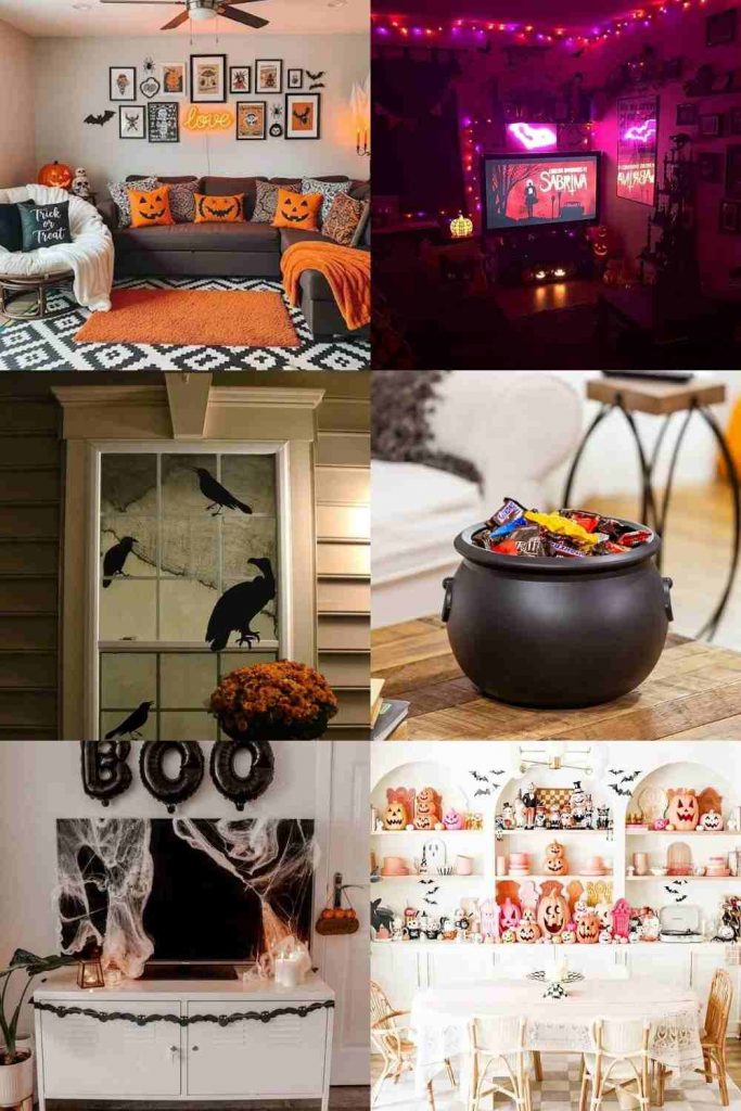 collage of 90s Halloween decor ideas for decorating your home in with vintage, thrifted and budget friendly pieces.