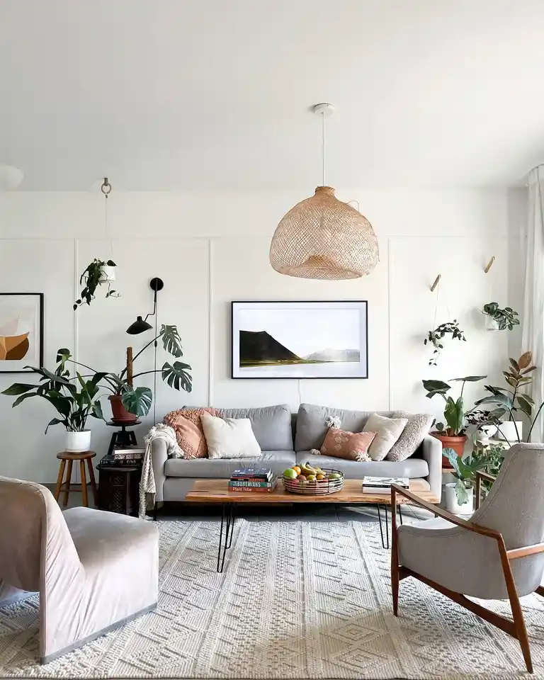 living room with hanging plants decoration