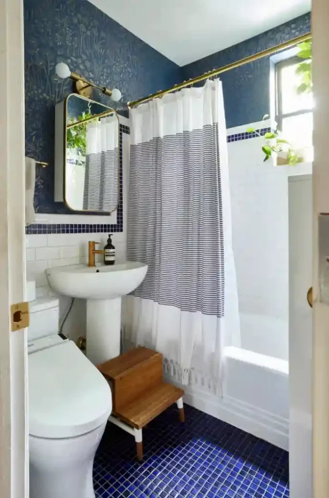 Small apartment bathroom with gold fixtures, blue walls, and plants for home decor demonstrating interior design on a budget.