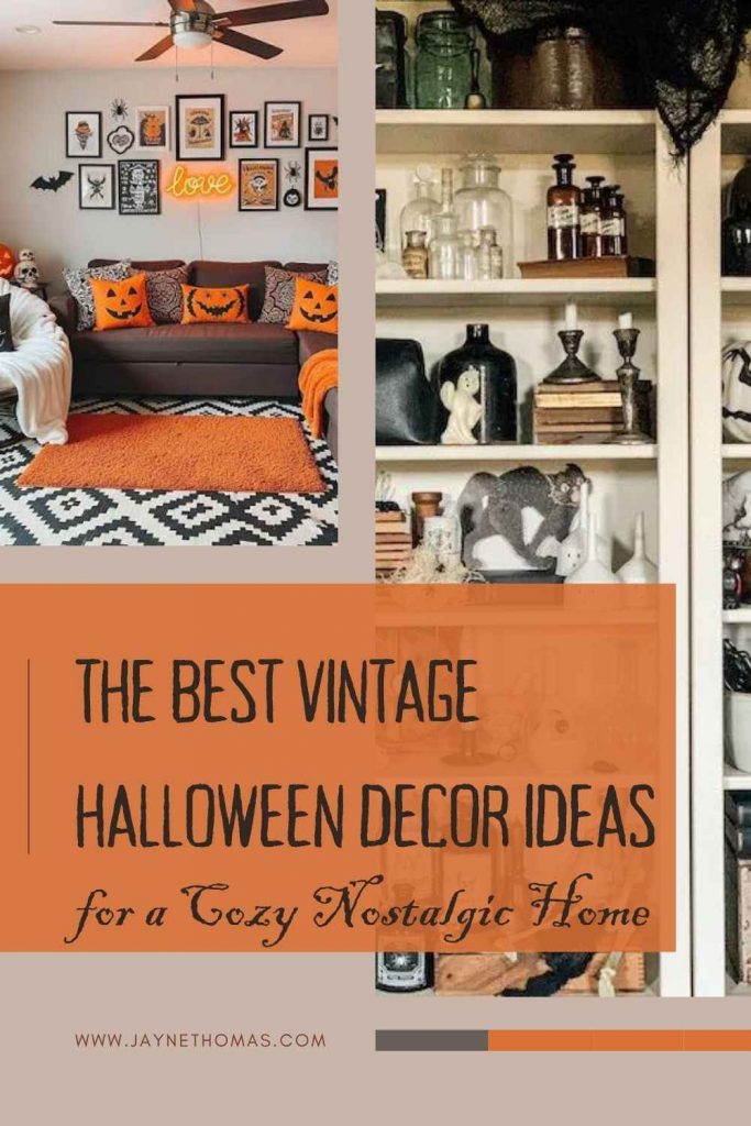 nostalgic 90s Halloween decorating ideas with classic orange and black decorations, window clings, retro garlands, and budget-friendly inspiration.