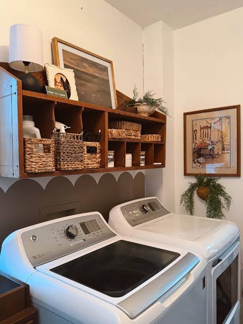 Woven baskets and trays in a laundry room.