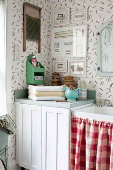 use curtains and Vintage Linens as budget decorating ideas in small laundry rooms